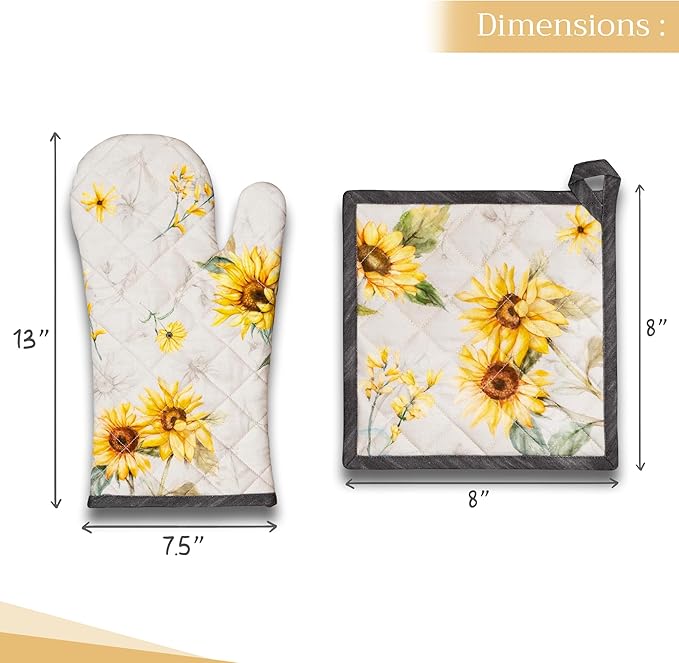 Maison d' Hermine 100% Cotton Oven Mitt & Pot Holder Set (7.5"x13" & 8"x8") Heat Resistant BBQ Cooking Gloves with Loop Baking Grilling Kitchen Hotel Home Farmhouse Spring Summer (Candice)