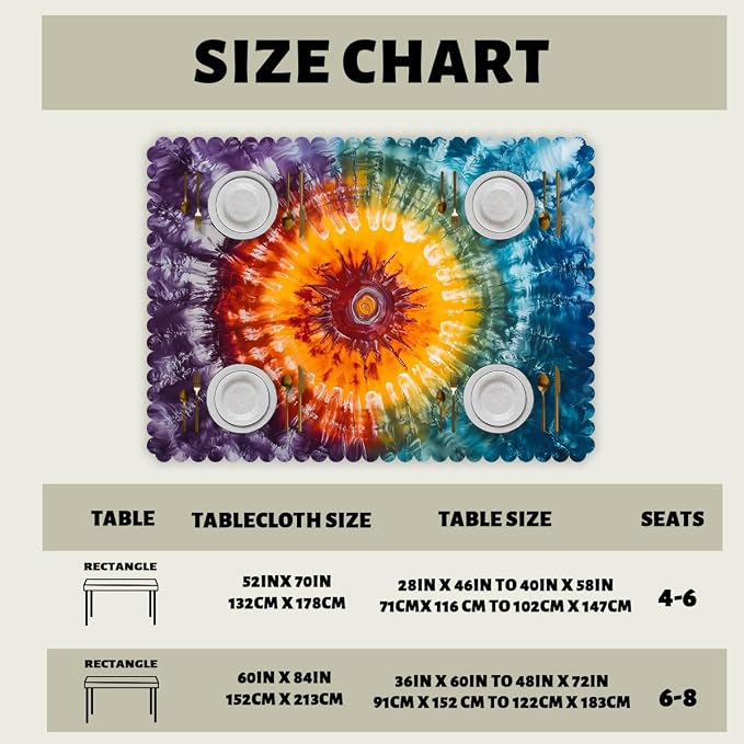Tie Dye Table Cloth Rectangle Tables Hippie Colorful Swirls Rainbow Art Rectangle Kitchen Table Cover Oblong Tablecloth for Dining Table Buffet Parties Patio Camping 52" x 70" 4-6 Seats