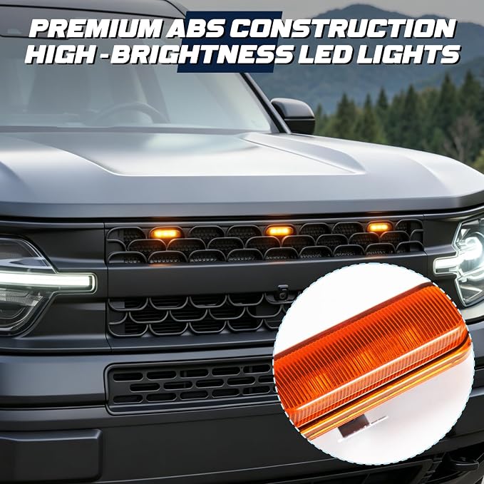 Front LED Grill Lights Compatible with Ford Bronco Accessories 2021 2022 2023 2024 2025 2/4-Door Badlands Wildtrak Everglades, Amber Light, 3PCS