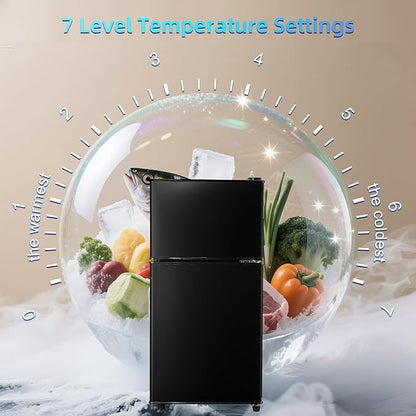 Mini Fridge with Freezer 4.0 Cu.Ft. Double-Door Mini Refrigerator Low Noise | 7-Level Adjustable Thermostat & Adjustable Glass Shelves, Compact Dorm Fridge 37 dB Low Noise for Bedroom, Black