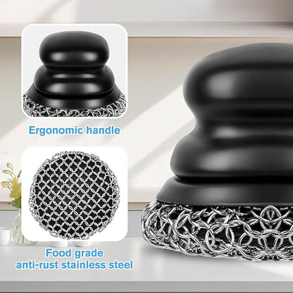 Cast Iron Scrubber (1Pack Black Coarse Mesh + 1Pack Black Fine Mesh) and and Scraper, Chain Mail Scrubber for Cleaning Stock Pots, Pans, Griddles, Grills, Cast Iron Skillets, Dish Scouring Pads