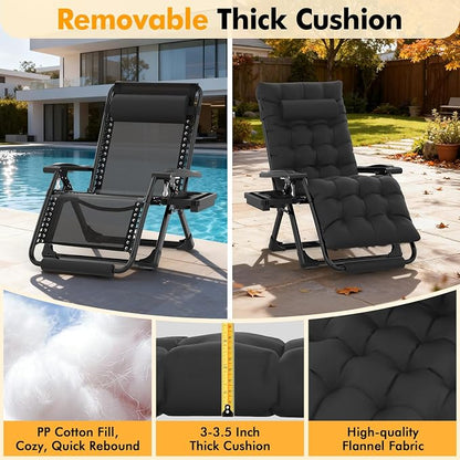 Slendor Oversized Zero Gravity Chairs XL, 29in Padded Recliner Chair, Black | Reclining Lounge Chair, Folding Anti Gravity Chairs w/Aluminum Alloy Lock,Headrest,Cup Holder, Support 440lbs,for Lawn Patio