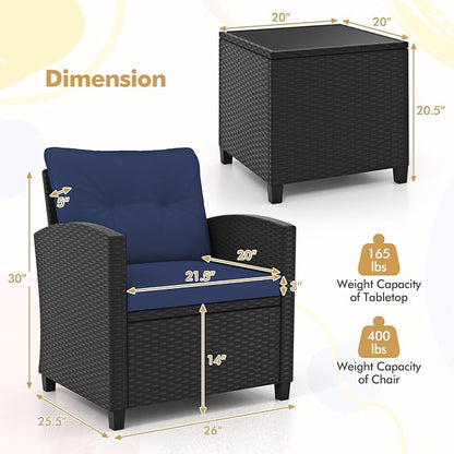 HAPPYGRILL 3 Pieces Wicker Patio Conversation Set, PE Rattan Bistro Sofa Set with Tempered Glass Coffee Table, Washable Cushions, Outdoor Furniture Set for Garden Poolside Balcony (Navy)