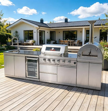 125-Inch Stainless Steel Outdoor Kitchen Island, Natural Gas BBQ Grill with Standalone Side Burner Pizza Oven, Rotisserie, Refrigerator, Granite Countertop, Storage Cabinets & Drawers 108000 BTU.