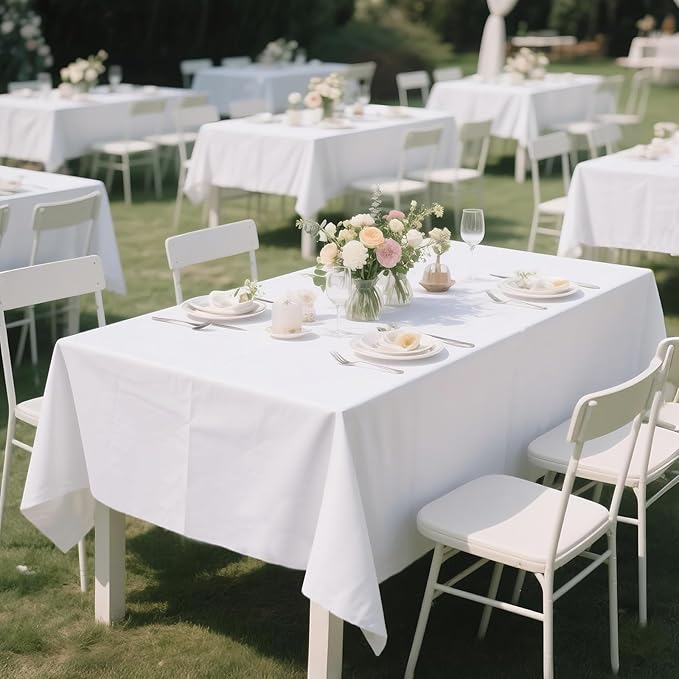 MRJ White Polyester Tablecloth 6 Pack, 60 x 102 Inch Rectangle Table Cloth for 6 Feet Tables, Bulk Stain Resistant Wrinkle Free Washable Fabric Cover for Weddings, Banquets & Restaurants