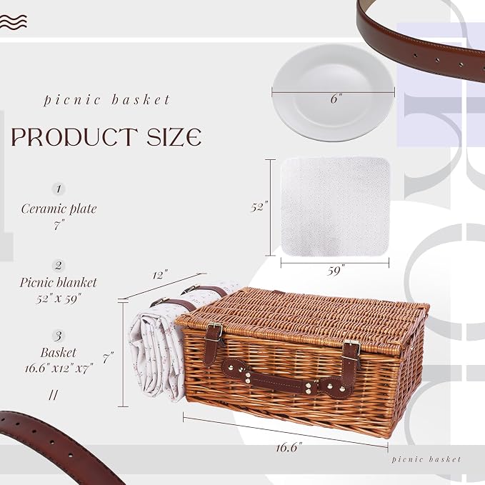 Wicker Picnic Basket Set for 4, Blanket, Cooler Bag, Classic Floral | Four-Person Wicker Set Includes Tableware, Insulated Food Storage and Waterproof Blanket for Parks, Camping, Dates and Gifts