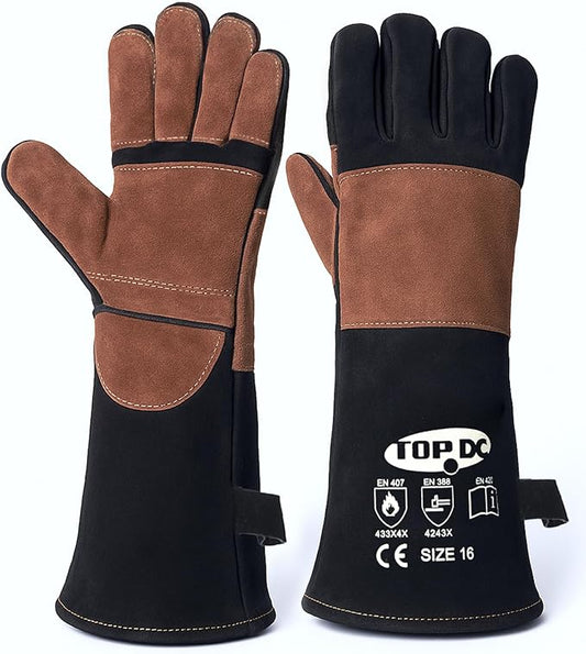 TOPDC Welding Gloves 16Inch 1000℉Heat/Fire Resistant Reinforced Leather Fireproof Gloves with Kevlar Stitching for Mig, Tig, Stick, Forge, BBQ, Grill, Oven, Fireplace, Furnace, Animal Handling, MEDIUM