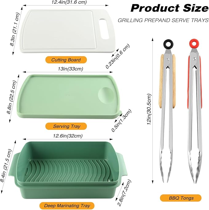 Sunmei Grill Prep and Serving Trays, 3-in-1 Stackable BBQ Food Tray, 5PCS BBQ Serving Set with Marinating Container, Serving Platter, Cutting Board and 2PCS Colored 12-Inch Grill Tongs (Green)