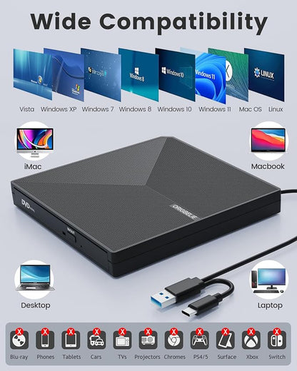 ORIGBELIE External CD DVD Drive, Portable USB C & A USB 3.0 DVD +/-RW Player Burner Reader Writer Optical CD ROM Disc Drive for MacBook Laptop iMac Desktop PC Windows 11/10/8/7/XP Linux Mac OS