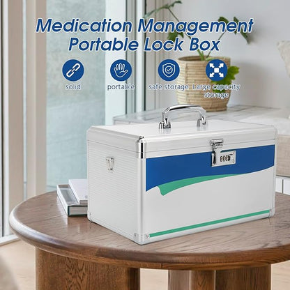 Medicine Lock Box with Combination Lock - 13.4 x 7.6 x 8.2 Inches - First Aid Safe Medication Storage Box, Medications and Personal Items, Safe Boxes for Home and Outdoor - Silver