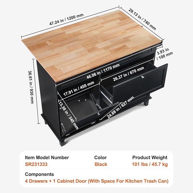 VEVOR Kitchen Island Cart, 50" Wood Top Breakfast Bar with Trash Cabinet Tilt Out 10 Gallon Storage, Farmhouse Dining Living Room Table with Drop Leaf, Towel Bar, Drawer, Black