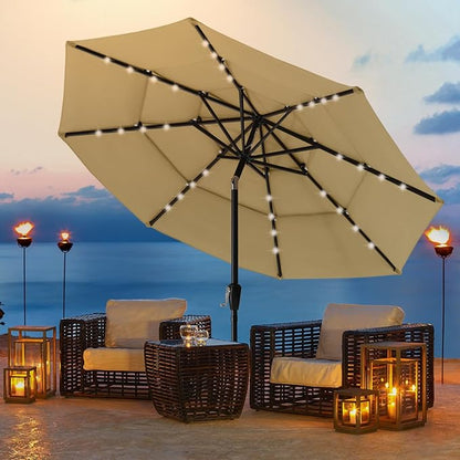 ABCCANOPY 3-Tiers 9FT Solar Patio Umbrella, Outdoor Umbrella with 32 LED Lights for for Pool, Garden, Backyard (Soft Khaki)