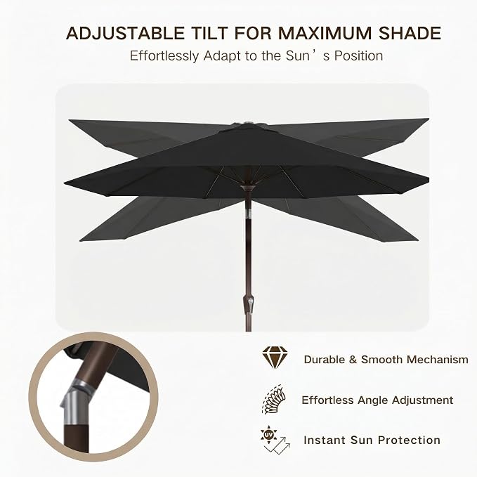 Kingdura 10FT Outdoor Patio Umbrella, Round Market Table Umbrella with Push‑Button Tilt and Crank Lift, 8 Sturdy Metal Ribs, UV50+ Protection Canopy for Backyard, Lawn, Deck, Poolside, Garden (Black)