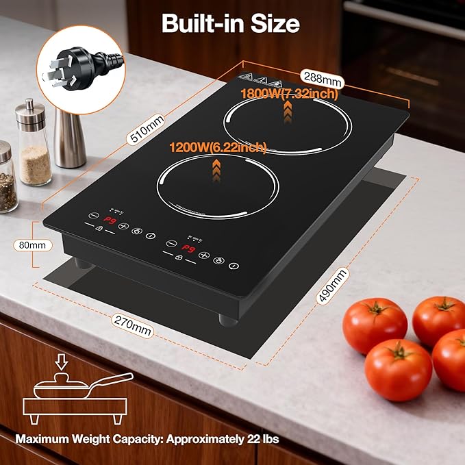 Double Induction Cooktop, Portable Induction Stove Hot Plate with 9-Level Touch Control, Safety Lock, Auto Shutoff Timer Setting, Overheating Protection for Apartments, RVs, Camping