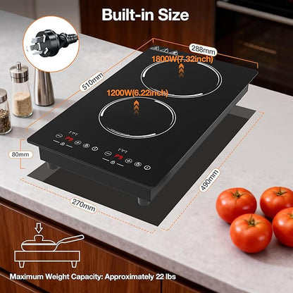 Double Induction Cooktop, Portable Induction Stove Hot Plate with 9-Level Touch Control, Safety Lock, Auto Shutoff Timer Setting, Overheating Protection for Apartments, RVs, Camping