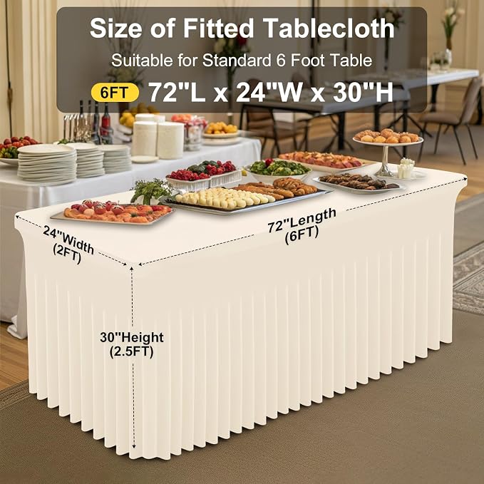 Smiry Spandex Elastic Fitted Table Cloth Skirt for 6FT Rectangle Table | Stretch Washable Table Cloth, Banquet Table Cover for Wedding, Party, Indoor & Trade Shows, (Beige, 72Lx24Wx30H)