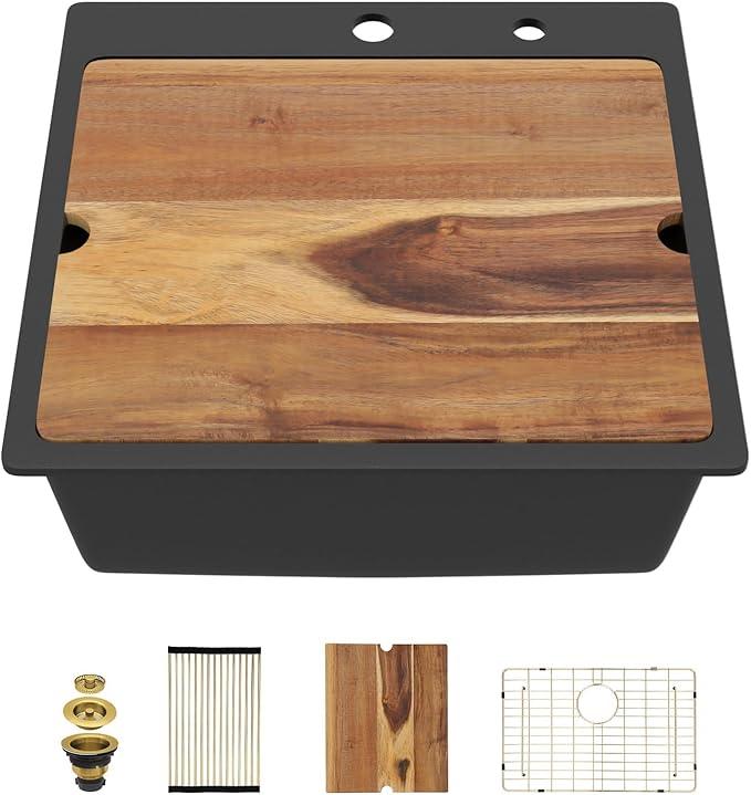 23 Inch Drop In Bar Sink, Matte Black Granite Composite Workstation Single Bowl Small Prep Wet Sink with All-In One Gold Accessories & Cutting Board for RV, Kitchen Bar, and Boat #TLGT-132