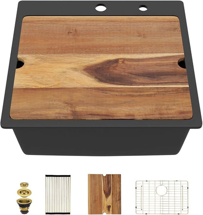 23 Inch Drop In Bar Sink, Matte Black Granite Composite Workstation Single Bowl Small Prep Wet Sink with All-In One Gold Accessories & Cutting Board for RV, Kitchen Bar, and Boat #TLGT-132