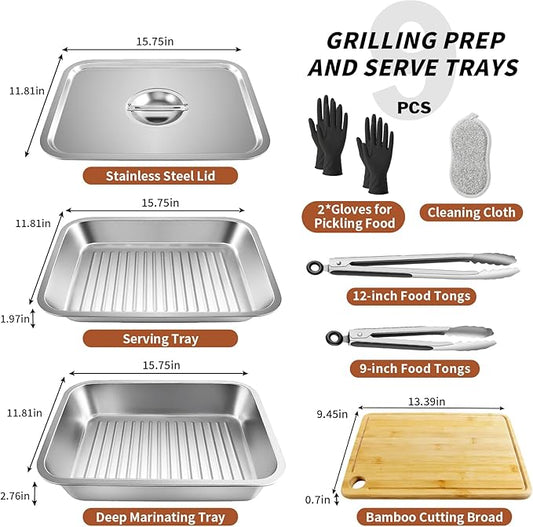 ENLOY 9-in-1 Grilling Prep and Serve Trays Set, Stainless Steel Large Capacity Food Prep Tray, Marinade Container with Lid and Cutting Board & 2 Food Tongs, Cleaning Cloth & 2 Gloves for Pickling Food