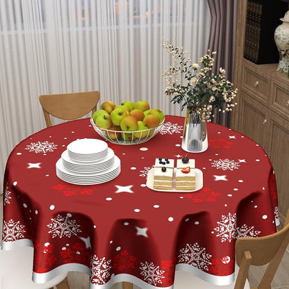 Sweetshow Xmas Table Cloth Round Winter Red White Snowflake Stars Tablecloth 70 Inch Decor Washable Stain and Wrinkle Resistant Round Table Cover for Dining Picnic