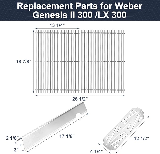 Stainless Steel Grill Grates with 66032 Flavorizer Bars for Weber Genesis II Grill Parts GS4,66095 Cooking Grates 66795 Heat Deflector Replacement Parts for Weber Genesis ii E-310 E-315 S-335