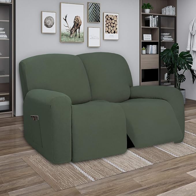 PureFit Super Stretch Loveseat Recliner Sofa Couch Cover with Pocket | 2 Seats Non Slip Soft Sofa Slipcover, Washable Reclining Furniture Protector for Pets (Recliner Loveseat, Grayish Green)