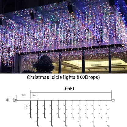 Joomer 66FT Christmas Icicle Lights Outdoor Non-Connectable Multicolor | 100 Drops 8 Modes Timer Waterproof Plug-in String Light for Christmas Party, holiday Eaves Roof Xmas Decorations