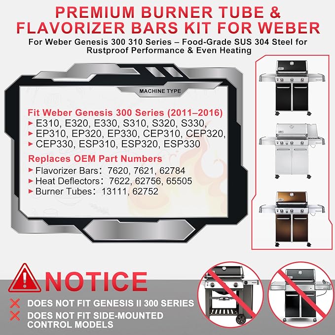 Genesis 300 310 Series Grill Parts Kit for Weber Genesis E310 E330 S310 E320 S330 EP310 S310 S320 EP330 Parts, SUS 304 Stainless Steel Flavorizer Bars Heat Deflector Burner Tube Kit, 7620 7622 62752
