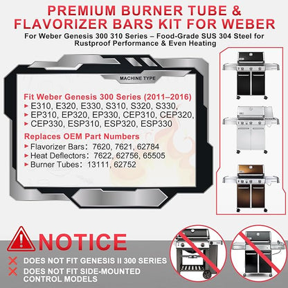 Genesis 300 310 Series Grill Parts Kit for Weber Genesis E310 E330 S310 E320 S330 EP310 S310 S320 EP330 Parts, SUS 304 Stainless Steel Flavorizer Bars Heat Deflector Burner Tube Kit, 7620 7622 62752