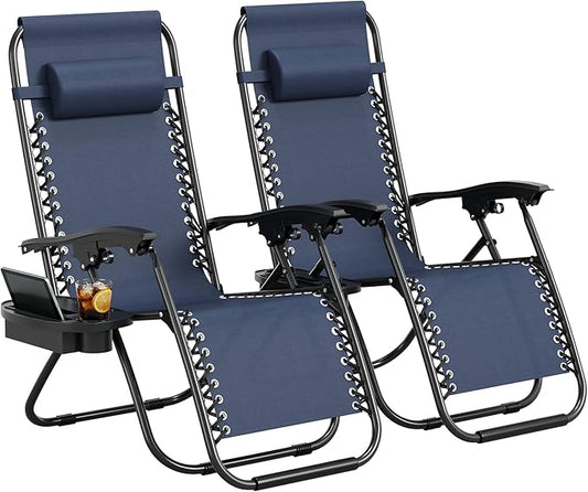 Garvee Zero Gravity Chair Set of 2, Patio Lounge Chair Outdoor with Pillow & Cup Holder Tray, Adjustable Reclining Chair, Folding Portable Camping Chair for Deck, Beach, Yard, Garden - Navy Blue