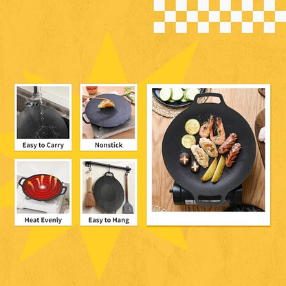 Korean Grill Pan Nonstick Round Griddle Pan Double Handle Korean BBQ Grill Plate for Gas Stove Top Outdoor Barbecue (36cm)