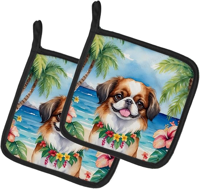 Caroline's Treasures Japanese Chin Luau Pair of Pot Holders Kitchen Heat Resistant Pot Holders Sets Oven Hot Pads for Cooking Baking BBQ, 7 1/2 x 7 1/2