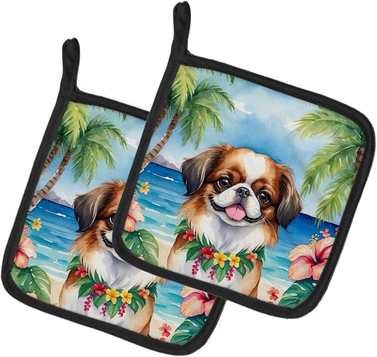 Caroline's Treasures Japanese Chin Luau Pair of Pot Holders Kitchen Heat Resistant Pot Holders Sets Oven Hot Pads for Cooking Baking BBQ, 7 1/2 x 7 1/2