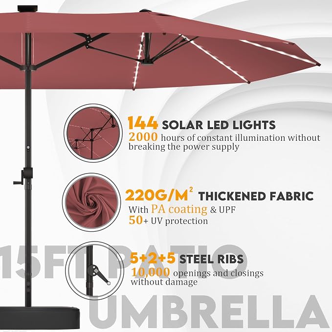 GDPFN 15ft Large Patio Umbrella with Solar Lights, Outdoor Double-Side Rectangular Umbrella with Base Included, Backyard Pool Umbrella with LED Light for Deck, Outside, Market, Burgundy