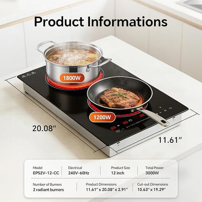 Ranein 12 Inch 2 Burner Electric Cooktop, Max 3000W 240V Ceramic Panel Built-in Electric Stove Top, with Child Safety Lock, Timer, Over-Temperature Protection