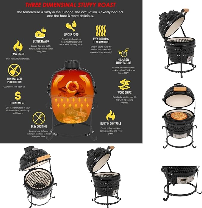 13in Round Ceramic Grill, Kamado BBQ Charcoal Grill, Portable Barbecue Grill with Thermometer for Variations on Cooking Methods, Low Stand and Side Handles, Black