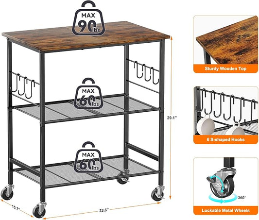 NTE Rolling Kitchen Microwave Cart, 3 Tier Microwave Stand with Storage, Small Kitchen Island on Wheels, Kitchen Storage Cart with 6 Hooks for Kitchen, Coffee Bar, Living Room, Balcony