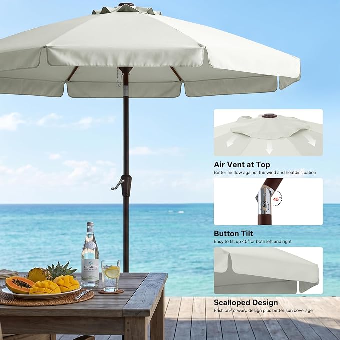 ABCCANOPY 11FT Scalloped Patio Umbrella Table Market Umbrella, Light Beige | Durable 8 Sturdy Fiberglass Ribs, Push Button Tilt and Crank, UV Protection Waterproof Outdoor Umbrella, Valance Style