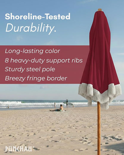 6 Ft Fringe Patio Umbrella - Outdoor Umbrella for Patio, Pool, Table, Garden, Deck, Beach, and Outdoors - Fashionable Boho Vintage Tassels & Wood Print - Push Button Tilt Pole