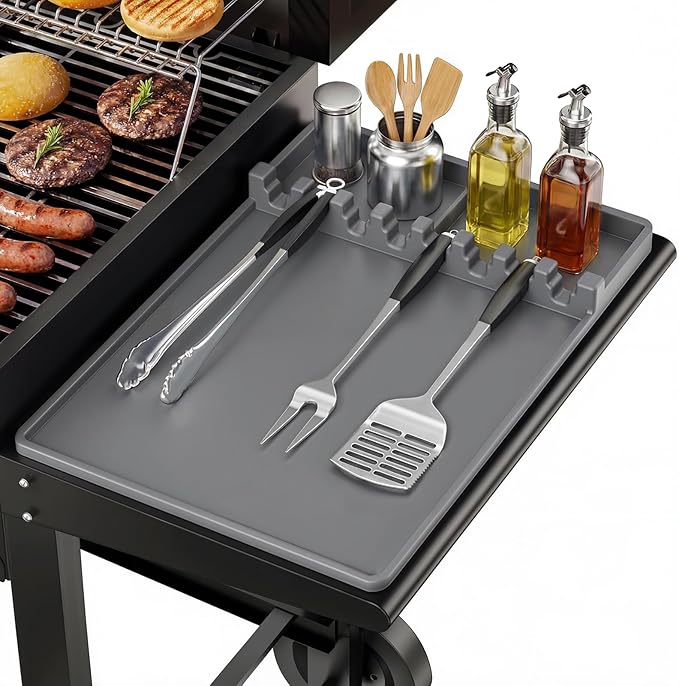 Silicone Grill Mats Compatible with Blackstone, Spatula Tools Mat with Drip Pad, Griddle Mats BBQ Grill Accessories, Side Shelf Pad for Kitchen Counter Outdoor Grill, Easy-to-Clean, Grey