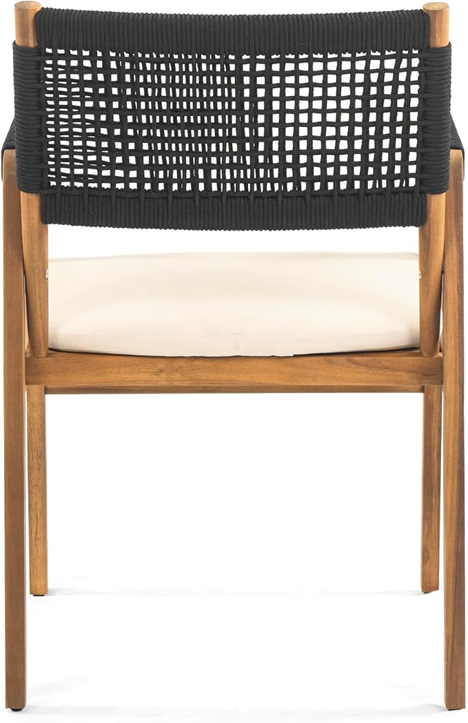 Christopher Knight Home Set of 2 Terry Farmhouse Country Patio Acacia Wood Dining Armchairs, Outdoor Side Chair with Rope Woven Backrest,Garden/Backyard Accent Chair with Cushions,Black+Natural Brown