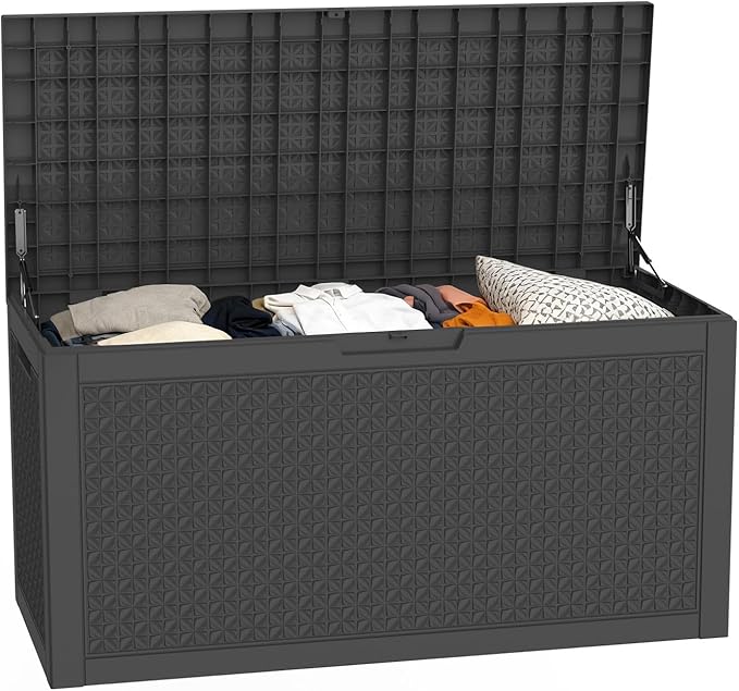 Pepe Tee Outdoor Deck Box, Lockable Waterproof Resin Storage Container with Wood-Look Design, 30 Gallon, Black (black, 101, Gallons)