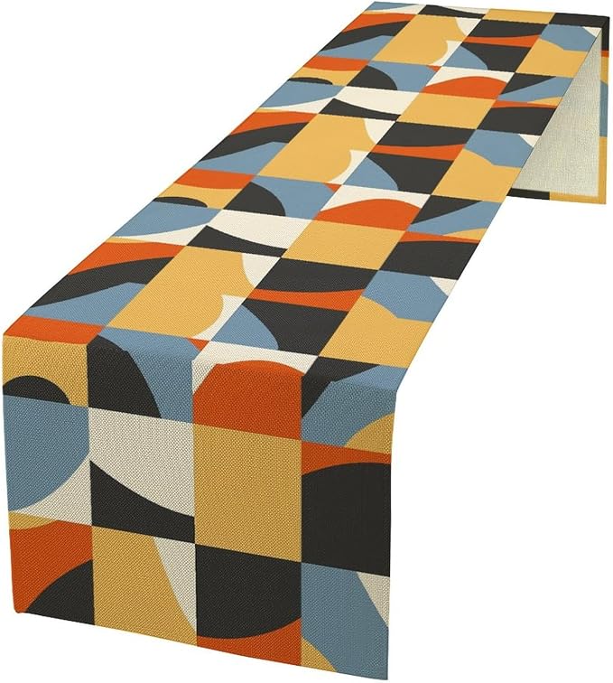 Mid Century Geometric Table Runner Dresser Scarves,Nordic Abstract Splicing Semicircle Linen Table for Party Kitchen Dining Banquet 13x60in