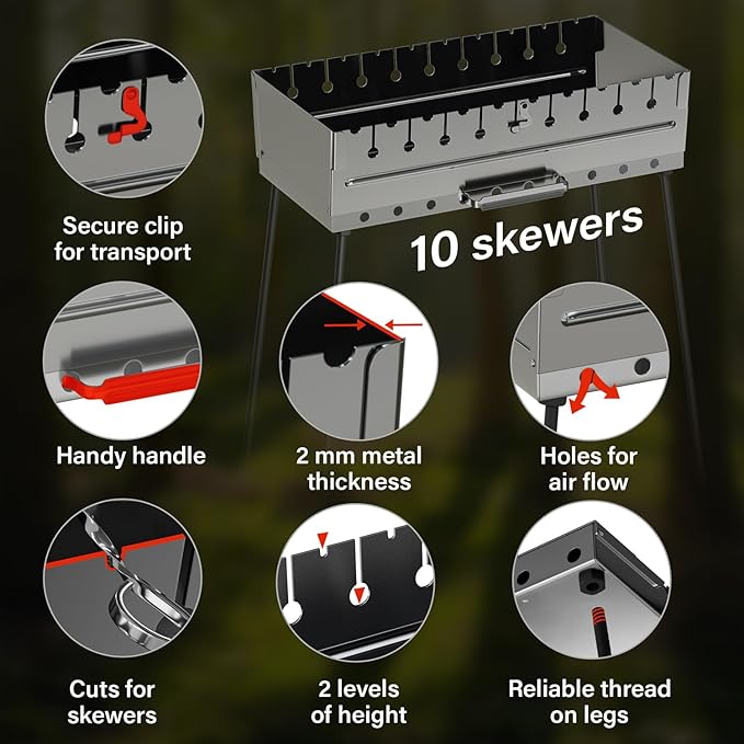 Stainless Steel Charcoal Grill for 10 Skewers – Portable BBQ 20.87"×11.81"×25.2" – Foldable Kabob Mangal – Durable Rustproof Grill for Picnic & Camping (Skewers Not Included)
