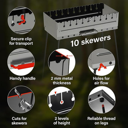 Stainless Steel Charcoal Grill for 10 Skewers – Portable BBQ 20.87"×11.81"×25.2" – Foldable Kabob Mangal – Durable Rustproof Grill for Picnic & Camping (Skewers Not Included)