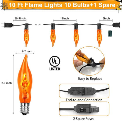 Halloween Flickering Flame String Lights Orange,10Ft C18 Flicker Flame String Lights C18 E12 Base Fireplace Lights Outdoor Indoor for Halloween Decorations Black Wire