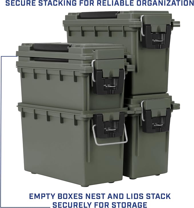 Sheffield Ammo Box Made in USA, Stackable Lockable Ammo Storage Box, Green | 4 Pack Lockable Storage Box, Water & Dust Resistant Dry Box, Secures Hunting Gear, Gun Accessories, Supplies, Bullets