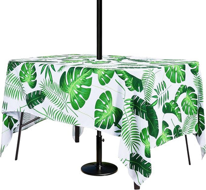 Poise3EHome 60X84 Outdoor/Indoor Waterproof Tropical Rectangle Tablecloth Green with Umbrella Hole Zipper for Camping Picnic Party Patio Table Spring, Palm Leaf