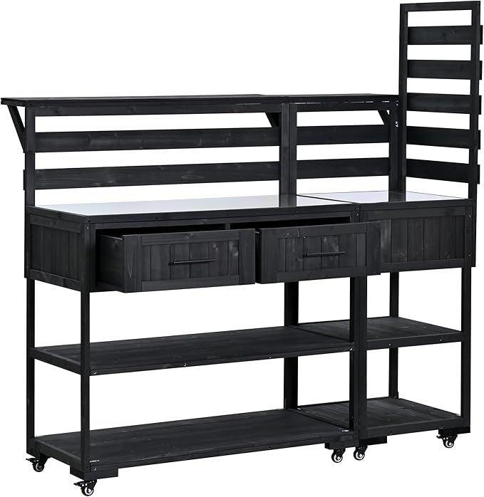 GDFStudio Elshire Patio Kitchen Island Cart with Storage, Wooden Outdoor Storage Cabinet with Stainless Steel BBQ Prep Table Top, Drawers, Raised Shelf and Lockable Wheels, Garden Potting Bench, Black