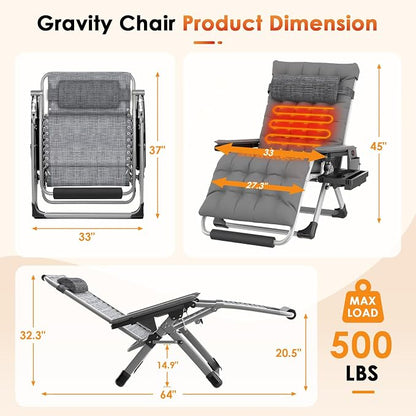 Slendor Heated Oversized Zero Gravity Chairs 33In, XXL Lounge Chair, Gray | Anti Gravity Recliner with 3 Heat Levels for Back & Seat, Headrest & Cup Holder, Folding, Supports 500lbs, (Battery Not)